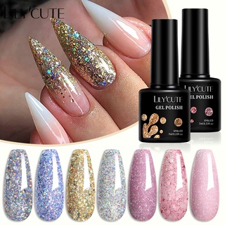 LILYCUTE เล็บเจล GLITTER สีชมพูสีม่วงเลื่อมเล็บวานิช Soak Of…