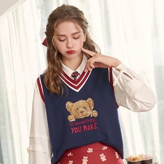 #ส่งต่อ เสื้อกั๊กคอวีสีน้ำเงินลายหมี