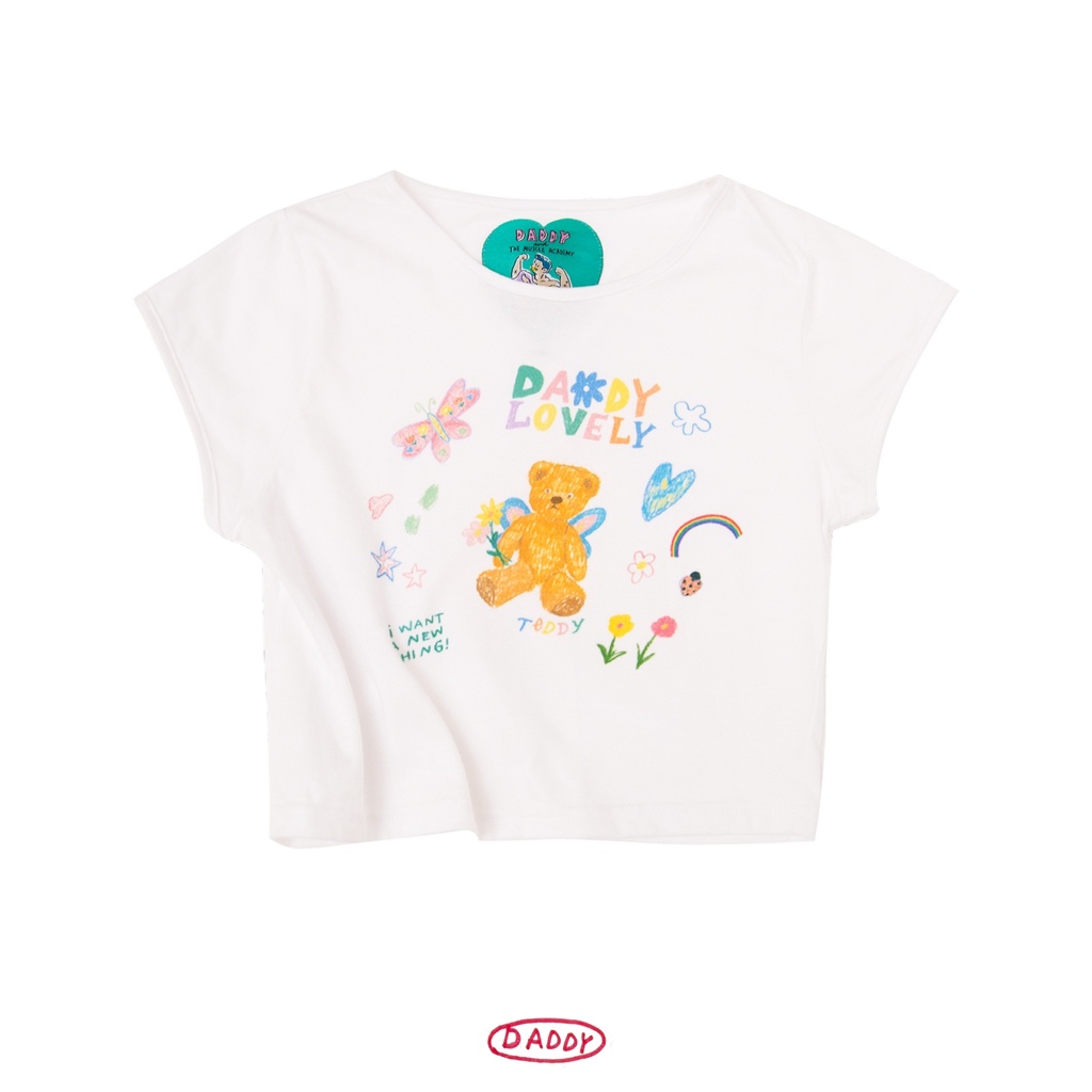 DADDY | Lovely Crop Top เสื้อยืดครอปท็อปผูกเอว สกรีนน้องหมีสุดน่ารัก สีขาว