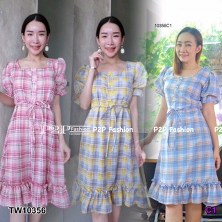 👗Pfashion [ส่งไว!!🚛] P10356 เดรสคอเหลี่ยมแขนตุ๊กตาลายสก๊อต Square neck, plaid doll sleeves dress