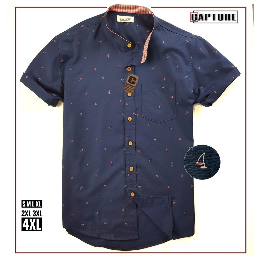 เสื้อเชิ้ตแขนสั้น คอจีน ลายเรือใบ สีกรม มีถึงไซส์ 4XL