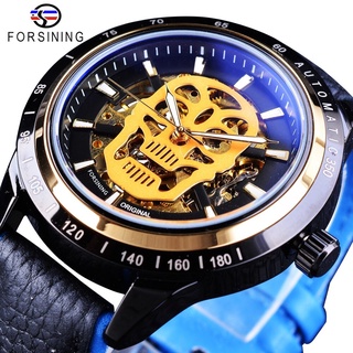 Forsining Black Blue Genuine Leather Sport Racing Adventure Series Skull Mens Automatic Watch Top Brand Luxury Water Re