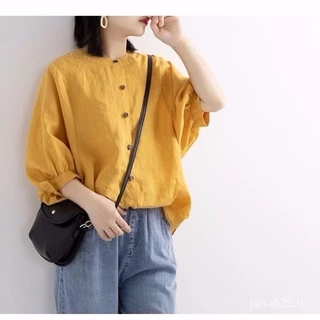 เสื้อเชิ้ตสตรีผ้าฝ้ายและผ้าลินินแขนแลนเทิร์นทรงหลวมขนาดใหญ่ Retro