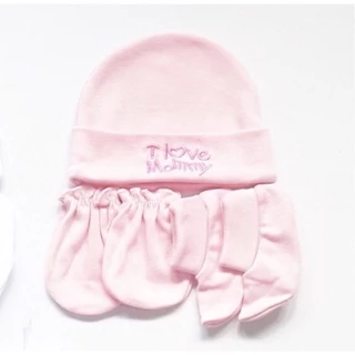 💥พร้อมส่ง หมวก ถุงมือ ถุงเท้าเด็กอ่อน/เด็กแรกเกิดNB สีพื้น 1 set เลือกสีได้ ไม่สามารถเลือกลายปักได้ค่ะ