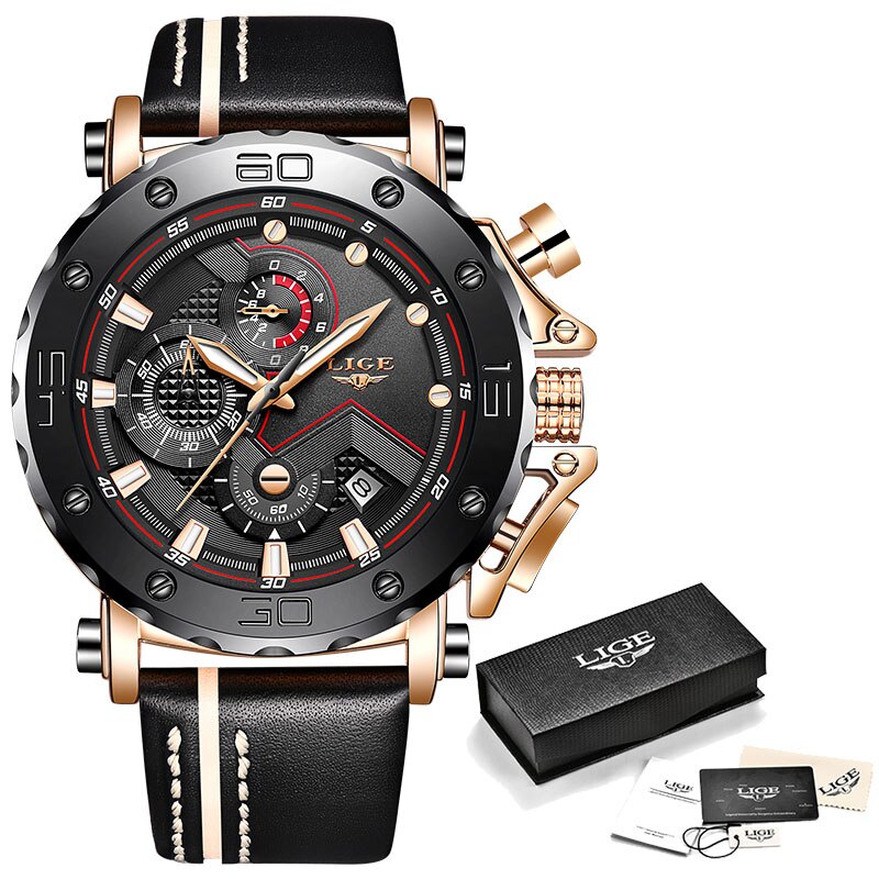 LIGE New Mens Watches Top Brand Luxury Chronograph Men Watch Leather Luxury Waterproof Sport Watch Men