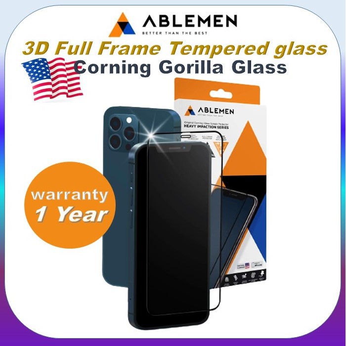 ฟิล์ม กระจก เต็มจอ ลงโค้ง Ablemen 3D Full Frame iPhone 12 pro Max / 12 Pro / 11 pro / max รับประกัน 1 ปี tempered glass