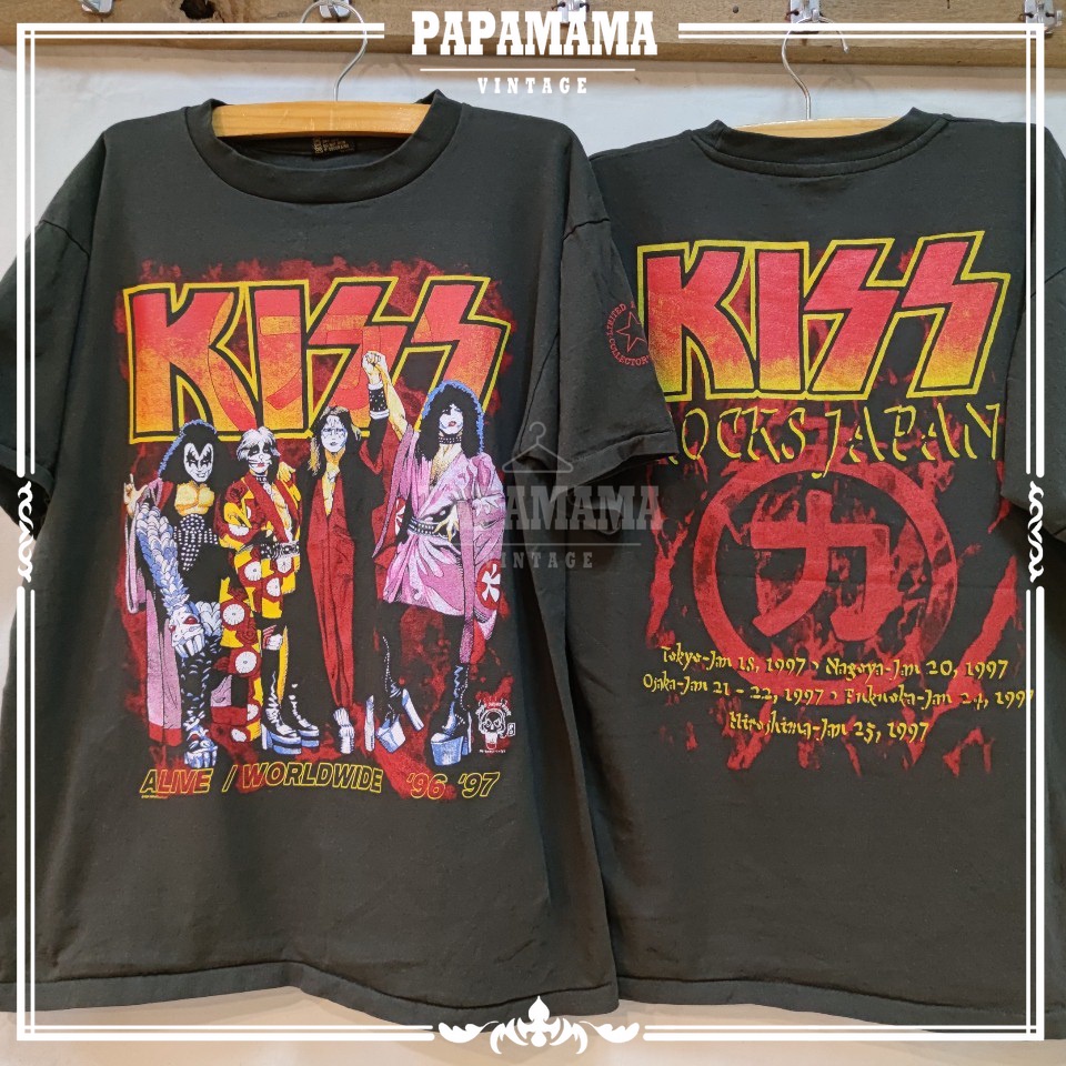 KISS ALIVE WORLDWIDE TOUR JAPAN '96 '97 เสื้อวง เสื้อทัวร์ ผ้าร้อย ฟอกนุ่มวงคิสสีเฟดเทา