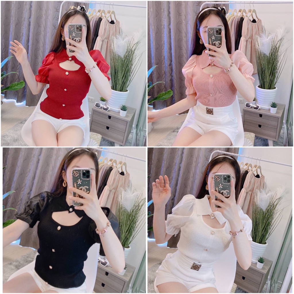 เสื้อแฟชั่นเทรนด์ใหม่ของแฟชั่นเลยจ้า ผ้าไหมพรมร่องแต่งแขนชีฟองจั๊มแขนตุ๊กตา ทรงคอยูแต่งคอปกติดกระดุมคอแกะถอดได้