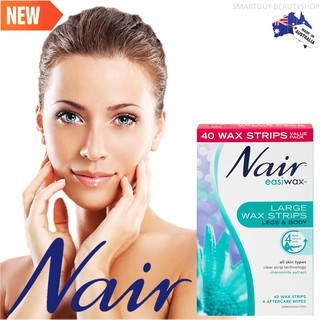 Nair Easiwax Wax Strips Large 40 WAX STRIPS ผลิตภัณฑ์กำจัดขนแบบแผ่นสูตรอ่อนโยนสำหรับผิวแพ้ง่ายสินค้านำเข้าจากต่างประเทศ