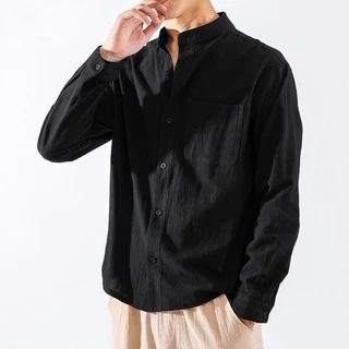 เสื้อเชิ้ตผู้ชายแขนยาว คอจีน ผ้าฝ้ายลินิน สีพื้น ระบายอากาศดี ทรงหลวม ไซซ์ M-3XL