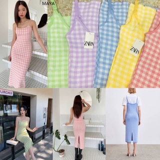 Maxi dress ป้ายZaraลายสก็อตสีสันสดใสสายปรับได้ผ่าหลังทรงเข้ารูปผ้ายืดหยุ่นได้เยอะ มี5สี td