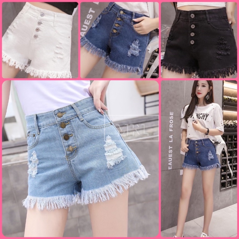 🍑👖MKL👖🍑 กางเกงยีนส์ขาสั้น ตกแต่งกระดุม ปลายรุ่ย แต่งรอยขาดหน้าหลัง น่ารัก  🚚🚚#2046