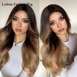 Long Loose Wavy Synthetic Wig Ombre Dark Brown Golden Wigs for Black Women Middle Part Cosplay Daily Heat Resistant