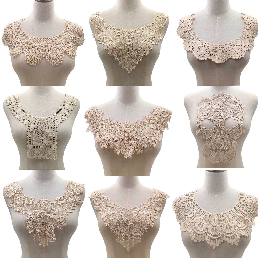 ผ้าลูกไม้ ปักลายดอกไม้ สีเบจ สําหรับเย็บปักถักร้อย DIY 1 ชิ้น
