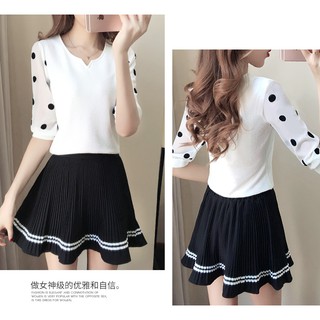 เสื้อแฟชั่นเกาหลี สีขาว แขนชีฟองลายจุด