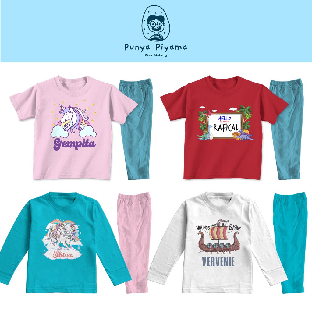 KATUN ชุดนอนชื่อที่กําหนดเองสําหรับเด็กชายและเด็กหญิง Unicorn Pony Viking Dino วัสดุผ้าฝ้ายน่ารัก - 