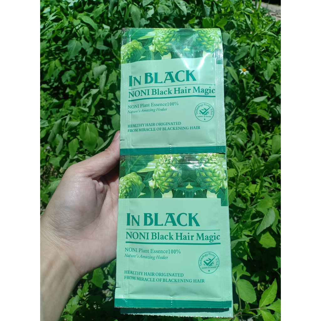 IN BLACK แชมพูย้อมผม สูตรลูกยอ 5-10ซอง NONI แชมพูเปลี่ยนสีผม - สีดำ Black Hair Magic Shampoo แชมพูปิดผมขาว