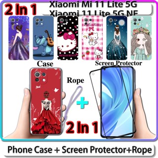 2 IN 1 เคส สําหรับ Xiaomi Mi 11 Lite 5G 11 Lite 5G NE เคส พร้อมกระจกนิรภัยโค้ง เซรามิก ป้องกันหน้าจอ สําหรับเด็กผู้หญิง และคิตตี้