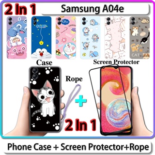 2 IN 1 เคส สําหรับ Samsung A04e เคส พร้อมกระจกนิรภัยโค้ง ป้องกันหน้าจอ เซรามิค ลายแมว และโดราเอมอน