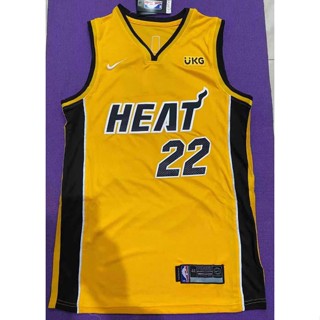 เสื้อกีฬาบาสเก็ตบอล ปักลาย Miami Heat 22 Jimmy Butler สีเหลือง สําหรับผู้ชาย 2021