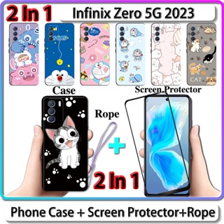 2 IN 1 เคส สําหรับ Infinix Zero 5G 2023 เคส พร้อมกระจกนิรภัยโค้ง ป้องกันหน้าจอเซรามิค ลายแมว และโดราเอมอน