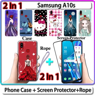 2 IN 1 เคส สําหรับ Samsung A10s เคส พร้อมกระจกนิรภัยโค้ง ป้องกันหน้าจอเซรามิค สําหรับเด็กผู้หญิง และคิตตี้