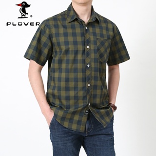 เสื้อเชิ้ตผู้ชาย ยี่ห้อ PLOVER เสื้อแขนสั้น ผ้าฝ้าย 100% เสื้อเชิ้ตลายตารางหมากรุก Plus Size M-5XL