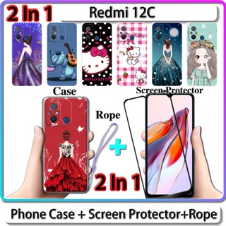 2 IN 1 เคสโทรศัพท์มือถือเซรามิค กันรอยหน้าจอ ทรงโค้ง ลายคิตตี้ สําหรับ Redmi 12C