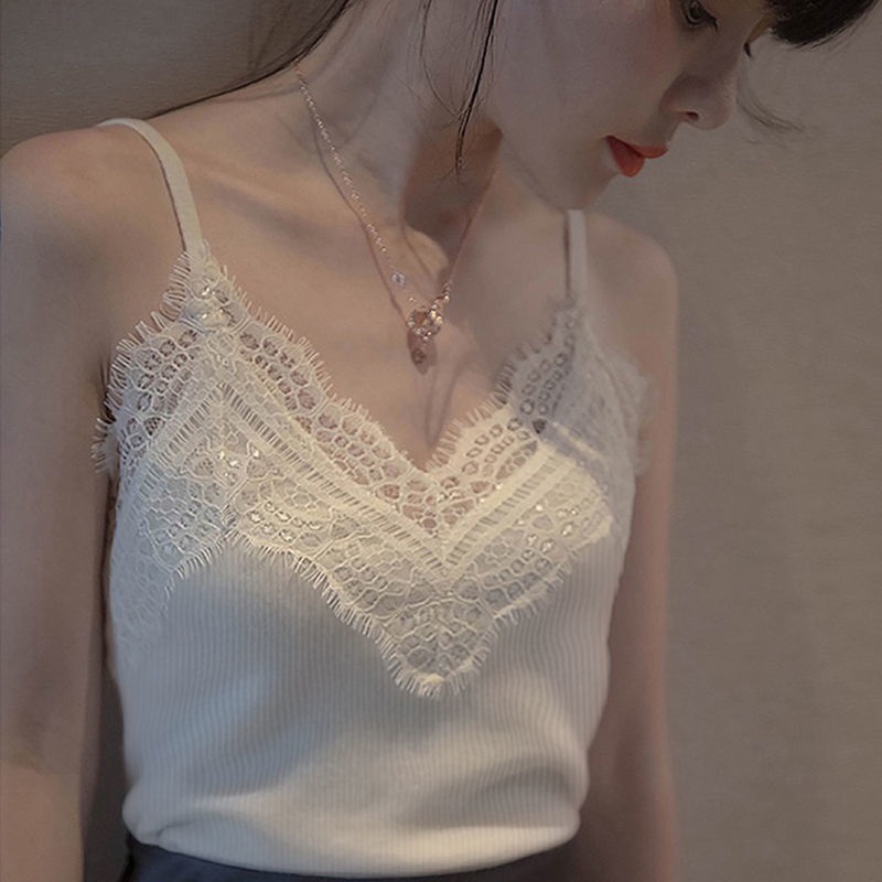 เสื้อกล้าม ผ้าถัก แต่งลูกไม้ สุดเซ็กซี่ แฟชั่นฤดูร้อน สําหรับผู้หญิง