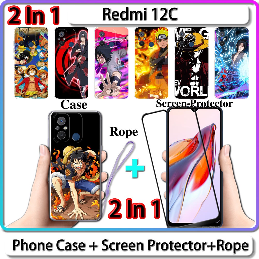 2 IN 1 เคส สําหรับ Redmi 12C เคส พร้อมกระจกนิรภัยโค้ง เซรามิค ป้องกันหน้าจอ นารูโตะ และการออกแบบ One Piece