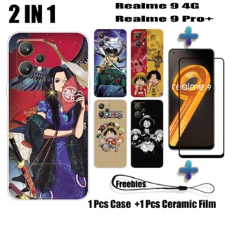 2 IN 1 เคสโทรศัพท์มือถือ เซรามิค กันรอยหน้าจอ ทรงโค้ง ลายวันพีช สําหรับ Realme 9 4G 9 Pro+