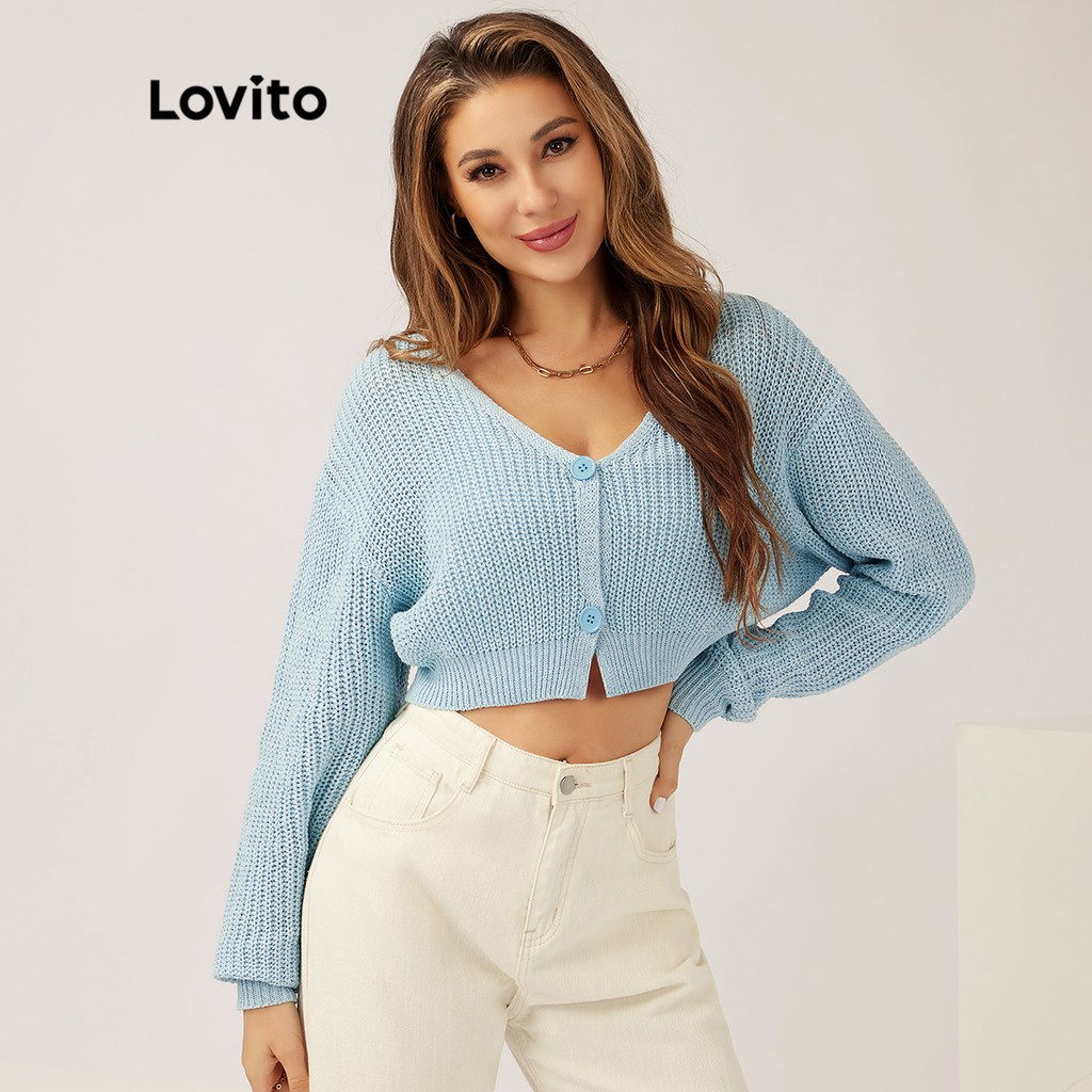 เสื้อคาร์ดิแกนลำลองสำหรับผู้หญิง Lovito รุ่น L21LT110 คอวี แขนยาว ติดกระดุม (สีฟ้าอ่อน)
