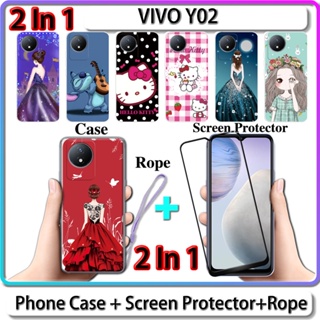 2 IN 1 เคส สําหรับ VIVO Y02 เคส พร้อมกระจกนิรภัยโค้ง ป้องกันหน้าจอเซรามิค สําหรับเด็กผู้หญิง และคิตตี้