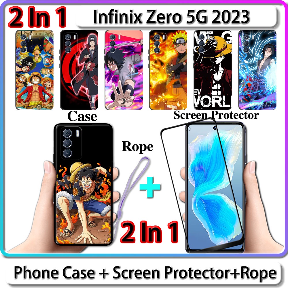 2 IN 1 เคส สําหรับ Infinix Zero 5G 2023 เคส พร้อมกระจกนิรภัยโค้ง ป้องกันหน้าจอเซรามิค นารูโตะ และการออกแบบ One Piece