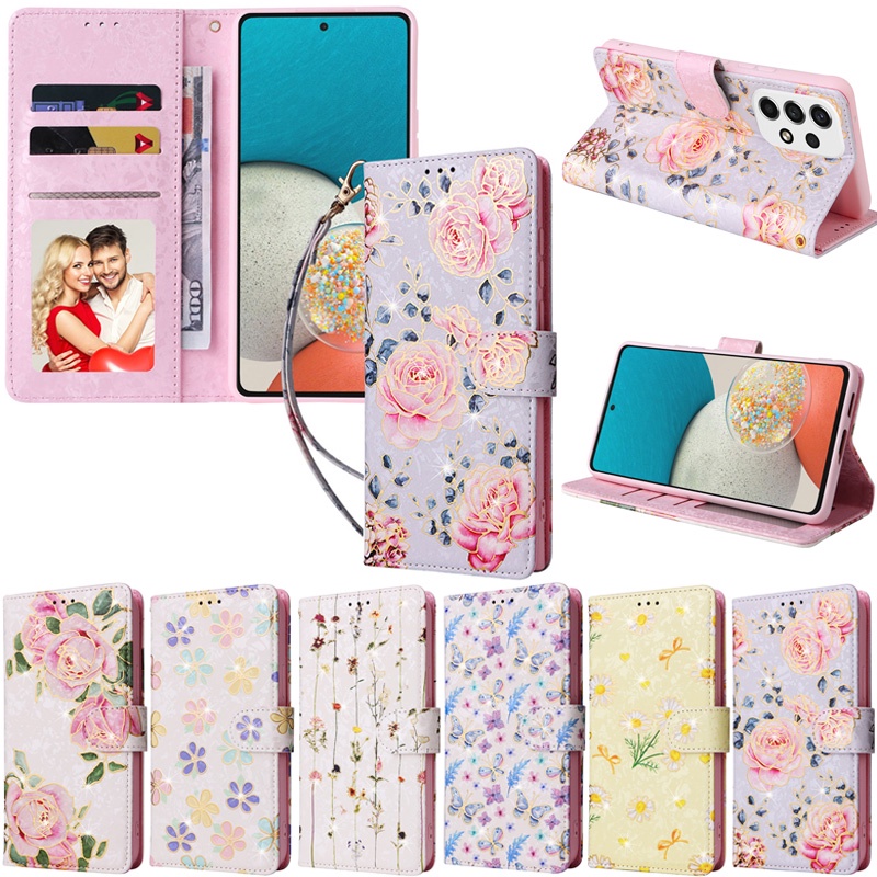 SAMSUNG หรูหราสําหรับSamsung Galaxy A56 5G A51 4G A52S A12 M12 F12 A32 4G A52 5G S20 FE 4G A22 5Gดอกไม้รูปแบบกระเป๋าสตางค์นุ่มPUหนังพลิกผิวฝาครอบกรณี