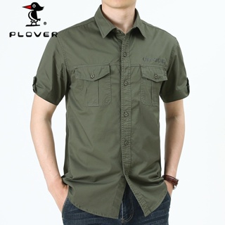 เสื้อเชิ้ตผู้ชาย ยี่ห้อ PLOVER เสื้อแขนสั้น ผ้าฝ้าย 100% เสื้อเชิ้ตขาวดำลำลองพลัสไซส์ M-5XL