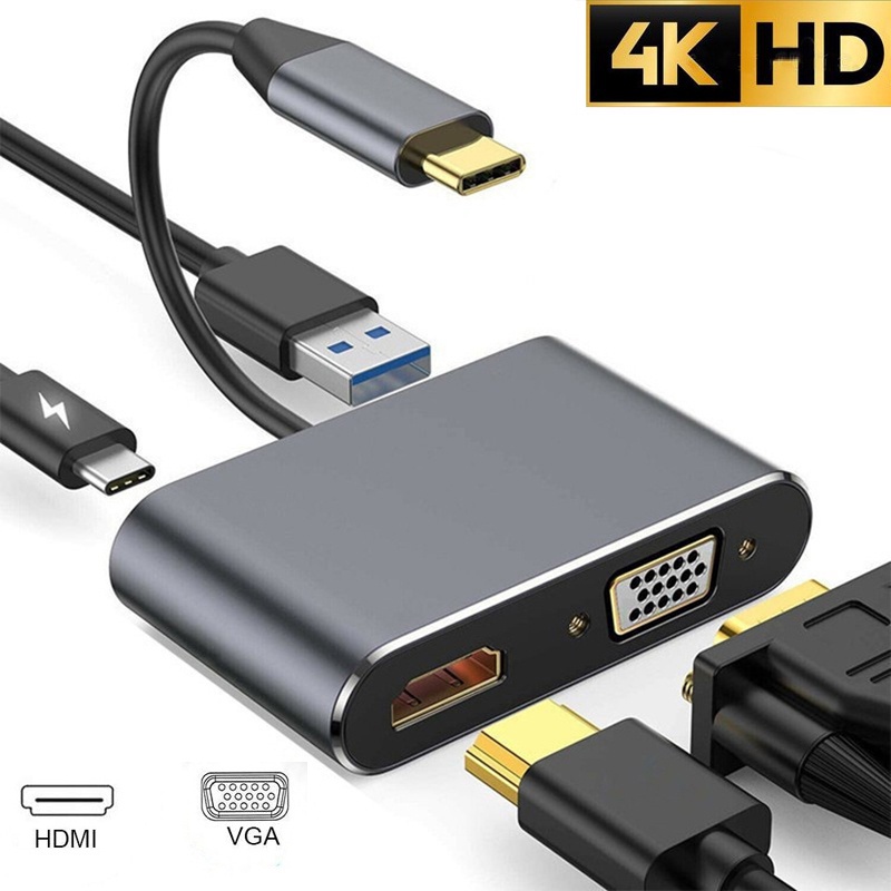 อะแดปเตอร์ฮับ Type C เป็น HDMI 4K VGA USB 3.0 4 In 1 3.0 PD ชาร์จหลายพอร์ต สําหรับ Macbook Pro Air