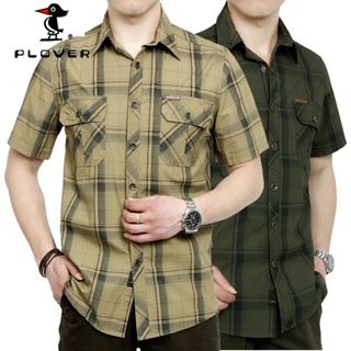 เสื้อเชิ้ตผู้ชาย PLOVER เสื้อเชิ้ตแขนสั้นผ้าฝ้าย 100% แบรนด์ เสื้อเชิ้ตลายตารางหมากรุก Plus Size M-5XL