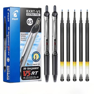 Pilot Precise V5 RT ปากกาลูกลื่นหมึกเหลว แบบเติมได้ และพับเก็บได้ ปลายแหลมพิเศษ (0.5 มม.) ด้ามจับยาง เขียนลื่นมาก ไม่ขาดตอน พร้อมกระเป๋าลาก