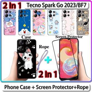 เคส 2 IN 1 สําหรับ Tecno Spark Go 2023 BF7 เคส พร้อมกระจกนิรภัยกันรอยหน้าจอโค้ง เซรามิค ลายแมวและโดราเอมอน