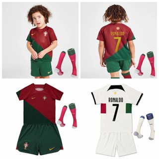 เสื้อกีฬาแขนสั้น ลายทีมชาติฟุตบอล Portugal Home Away 2022 Qatar World Cup Cristiano Ronaldo สําหรับเด็ก