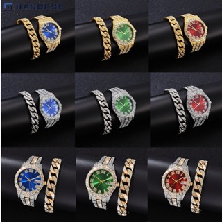 ใหม่2ชิ้น/เซ็ตฮิปฮอปผู้ชายนาฬิกาธุรกิจหน้าปัดใหญ่เต็มเพชรประ…