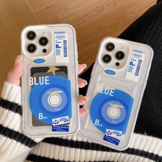 3 in 1 เคสโทรศัพท์มือถือ แบบใส ลายแผ่นเสียง สีฟ้า พร้อมช่องใส่บัตร สําหรับ iPhone 14promax 13 12 11 7Plus X XR XSMAX