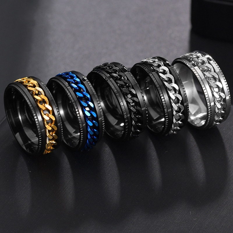 ใหม่ hip hop แหวนสแตนเลสผู้ชายแหวน embossed CHAIN turnable RING