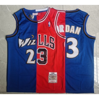 เสื้อกีฬาบาสเก็ตบอล ปักลาย Chicago Bulls Washington Wizards 23 Michael สไตล์เรโทร สําหรับผู้ชาย สีฟ้า สีแดง