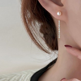 Single Pearl Long Bar Earrings With Shinning Rhinestones Korean Style 2023 New Jewelry