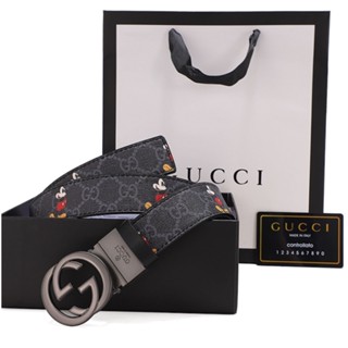 Gucci GG เข็มขัดหนังวัวแท้ สองชั้น ลายมิกกี้เมาส์ สไตล์วินเทจ สําหรับผู้ชาย และผู้หญิง