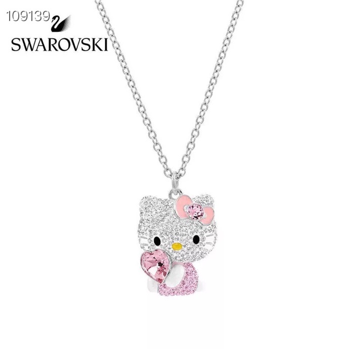 Swarovski Crystal Elements HELLO KITTY สร้อยคอรูปหัวใจน่ารัก Schwarzkopf จี้แมว KT สีชมพู!ของขวัญทางเลือกแรกสําหรับแฟนสนน่ารัก