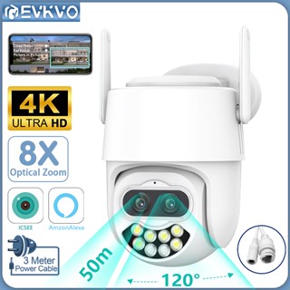 Evkvo กล้องวงจรปิดไร้สาย 4K 8MP เลนส์คู่ ICSee Alxea กันน้ํา 8x ออปติคอลซูมได้ ตั้งค่าล่วงหน้า ติดตามอัตโนมัติ WIFI PTZ IP กล้อง 80M สี Night Vision บ้าน กล้องวงจรปิดรักษาความปลอดภัย