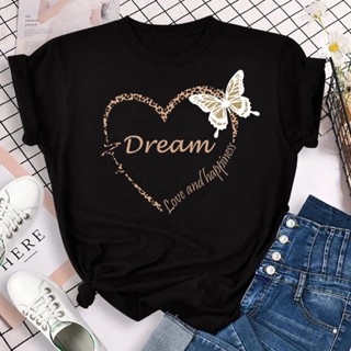 Dream love and happiness เสื้อยืดลําลอง แขนสั้น พิมพ์ลายผีเสื้อ สีทอง หลากสีสัน สําหรับสตรี